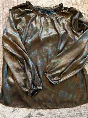 Ann Taylor Metallic Bronze Olive Floral Long-Sleeve Top Large